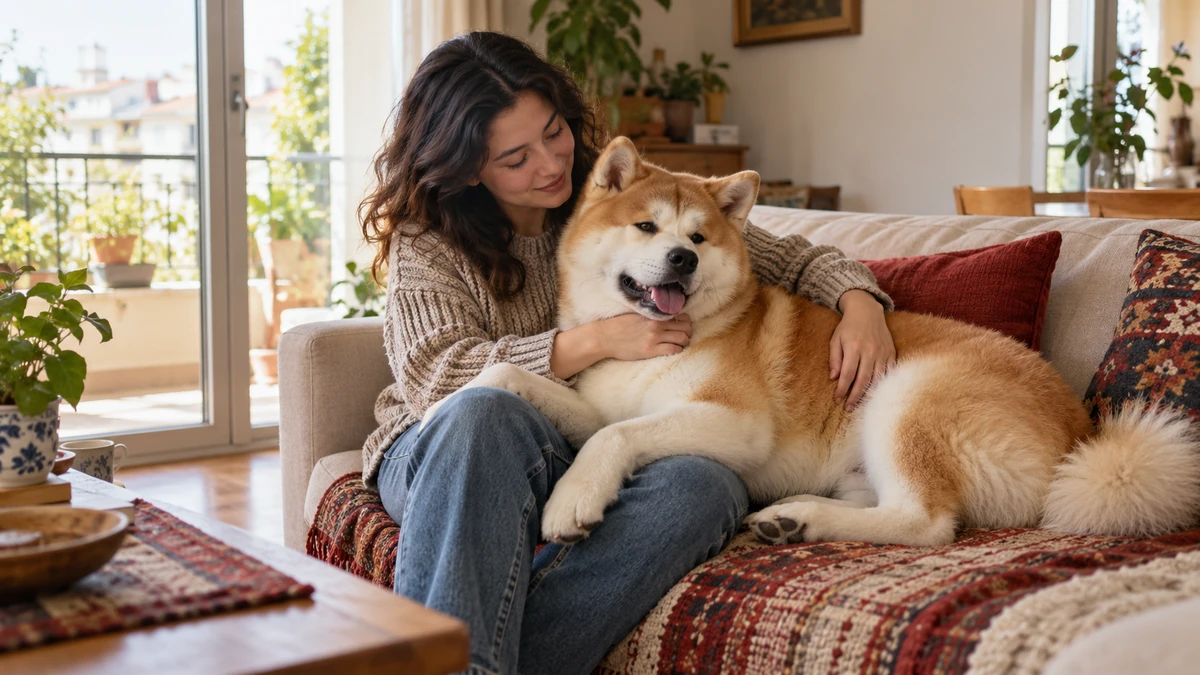 Akita Inu köpek — sahibinin kucağında