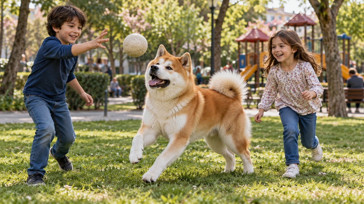 Akita Inu köpek — çocuklarla oyun