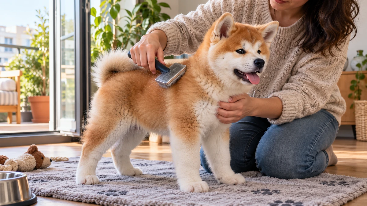 Akita Inu yavru köpek — tüy bakımı ve fırçalama