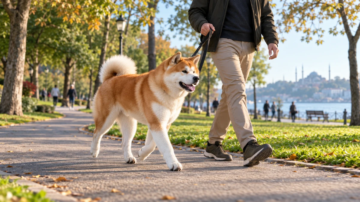 Akita Inu köpek — parkta yürüyüş ve egzersiz